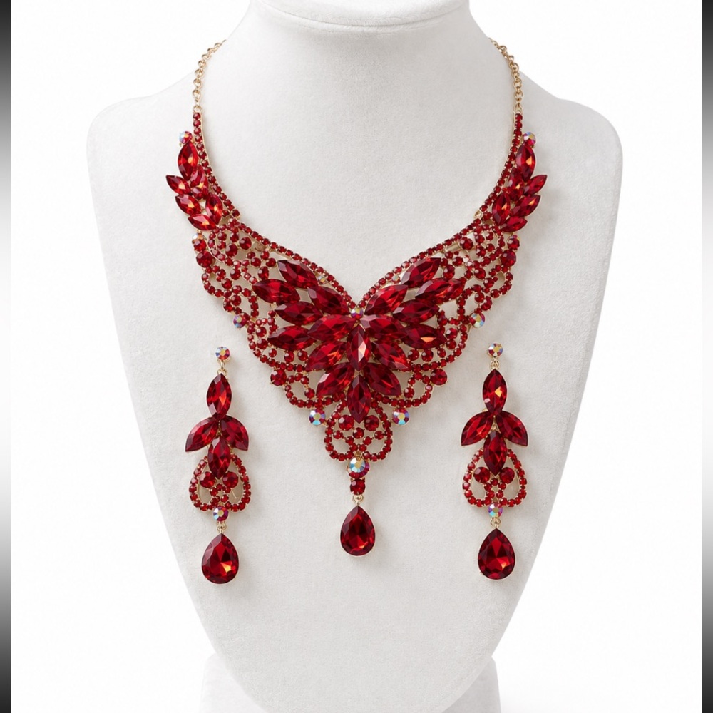 Red Crystal Statement Necklace & Earrings Set